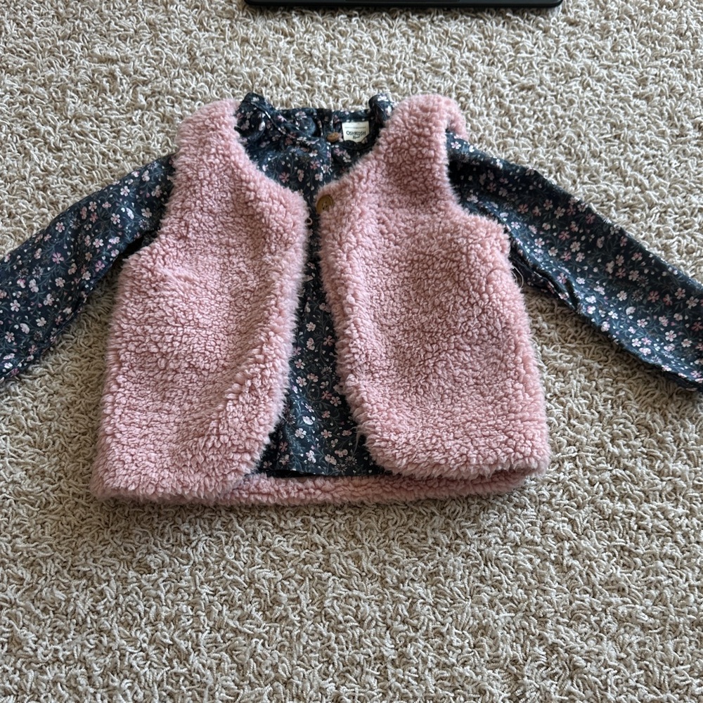 OshKosh B'gosh Pink Sherpa Vest with Floral Long-Sleeve Top
